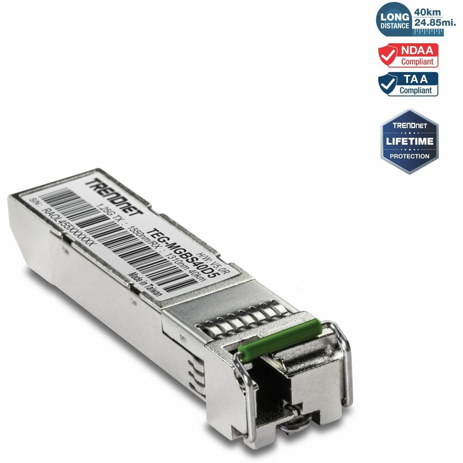 TRENDnet SFP to RJ45 Dual Wavelength Single-Mode LC Module; TEG-MGBS40D5; Must Pair with TEG-MGBS40D3 or a Compatible Module; Up to 40km (24.9 miles); Standard SFP Slot Compatible; Lifetime Protection