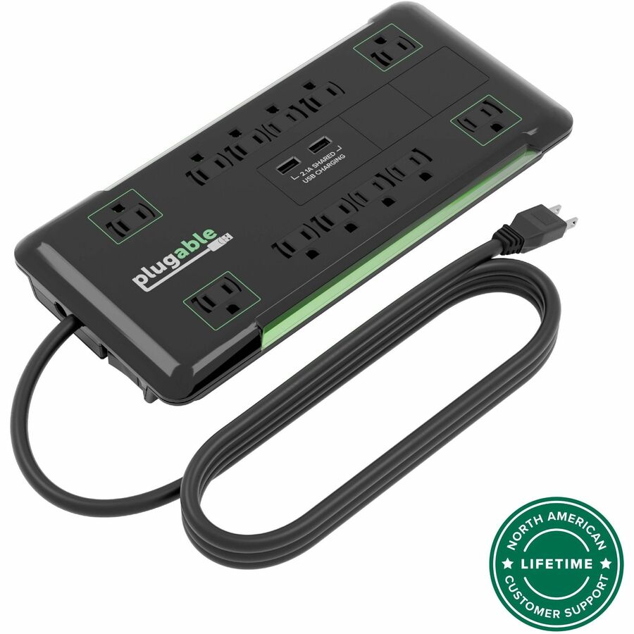 Plugable 12 Outlet Power Strip 4320 Joules Surge Protection, Built-in 10.5W 2-Port USB Charger for Android and Apple Phones, Mobile Devices, 6 Foot Cord