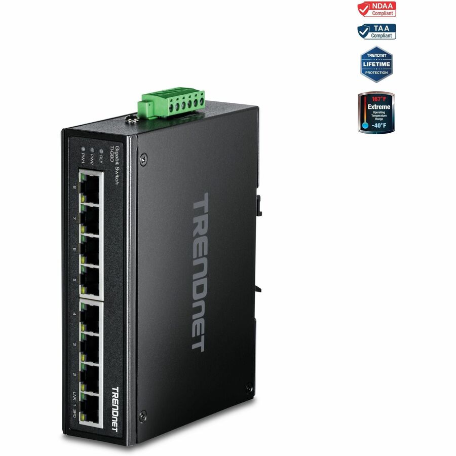 TRENDnet 8-Port Industrial Gigabit Ethernet DIN-Rail Switch, TI-G80, 8 x Gigabit Ethernet Ports, IP50 Rated, 16Gbps Switching Capacity, NDAA TAA Compliant, Lifetime Protection