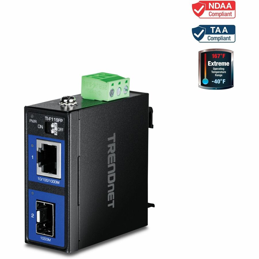 TRENDnet Industrial 100/1000Base-T to SFP Media Converter, TI F11SFP, IP50 Rated, NDAA TAA Compliant, 1 x Gigabit Ethernet Port, 1 x SFP Port, DIP Switches Control Link Fault Pass Through