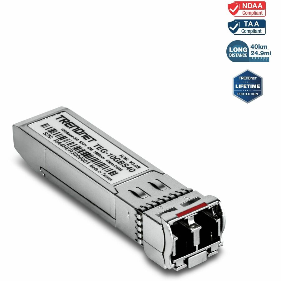 TRENDnet SFP to RJ45 10GBASE-ER SFP+ Single Mode LC Module; TEG-10GBS40; Up to 40 km (24.9 Miles); Hot Pluggable SFP+ Transceiver; 1550nm Wavelength; 3.3 V Power Supply; Lifetime Protection