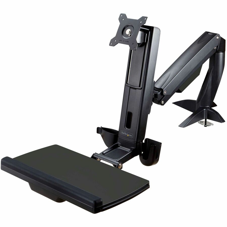 StarTech Sit Stand Monitor Arm, Desk Mount Sit-Stand Workstation up to 27in VESA Display, Standing Desk Converter, Keyboard Tray, TAA