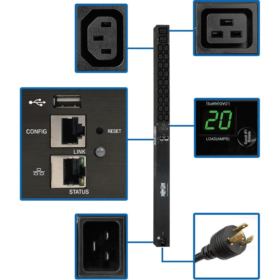 Tripp Lite by Eaton PDU 3.7kW Single-Phase 208/230V Monitored PDU - LX Platform 18 C13 2 C19 Outlets C20 / L6-20P Inputs 0U 900mm Height TAA