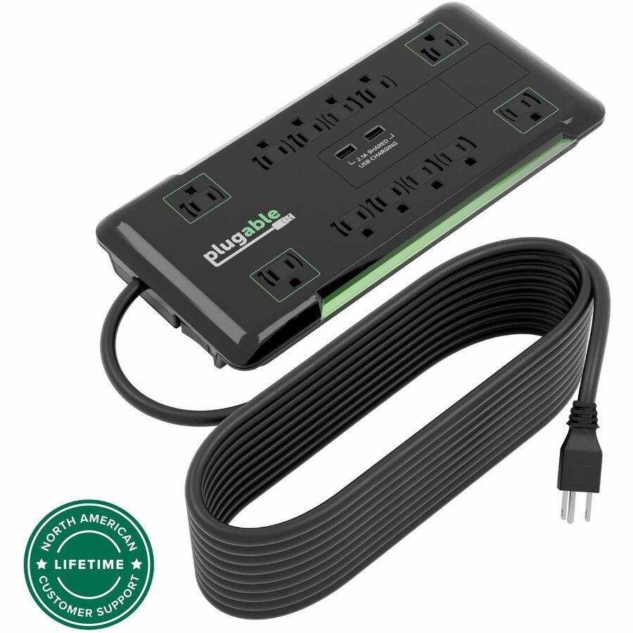 Plugable 12 Outlet Power Strip 4320 Joules Surge Protection, Built-in 10.5W 2-Port USB Charger for Android and Apple Phones, Mobile Devices, 25 Foot Cable
