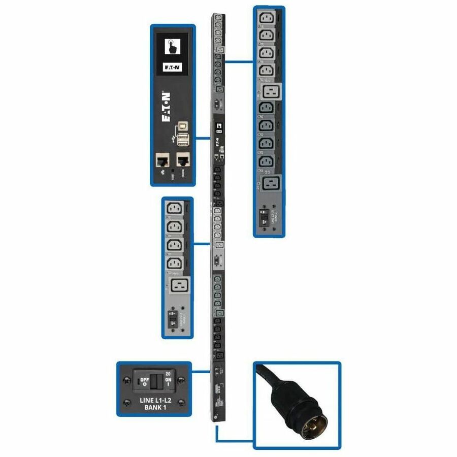Tripp Lite by Eaton PDU 10kW 200-240V 3PH Switched PDU - LX Interface Gigabit 30 Outlets L21-30P Input LCD 1.8 m Cord 0U 1.8 m Height TAA
