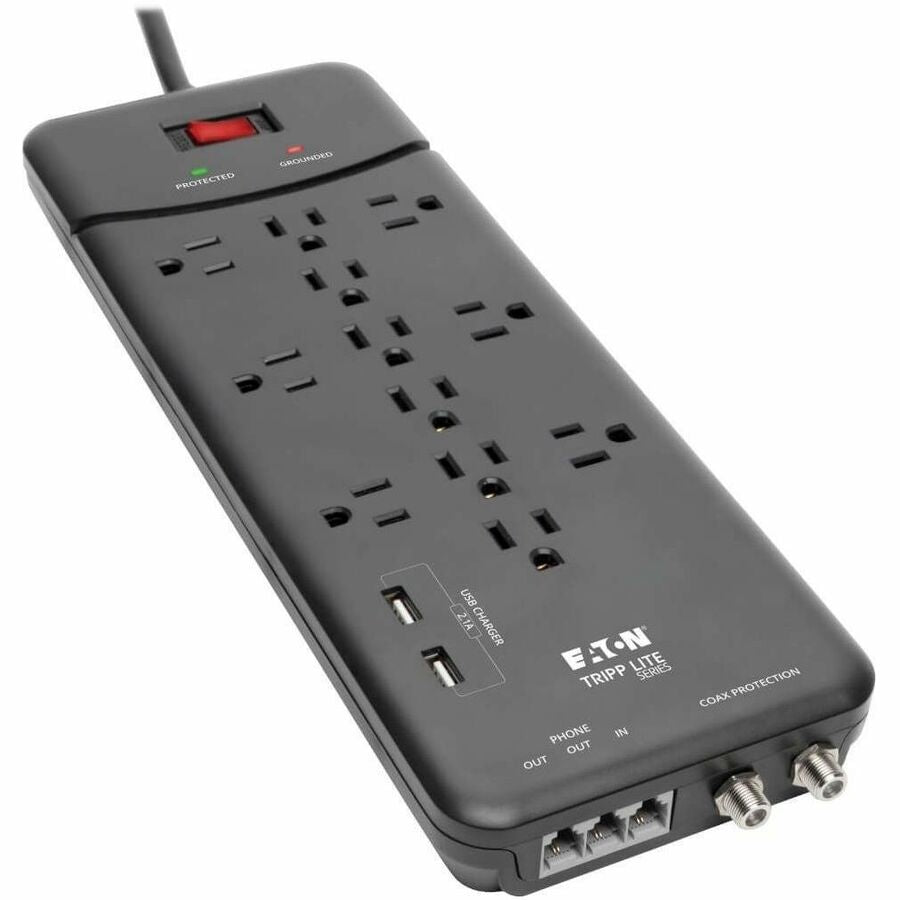 Tripp Lite by Eaton Protect It! 12-Outlet Surge Protector 8 ft. (2.43 m) Cord 4320 Joules Tel/Modem/Coax Protection 2 USB Ports Black
