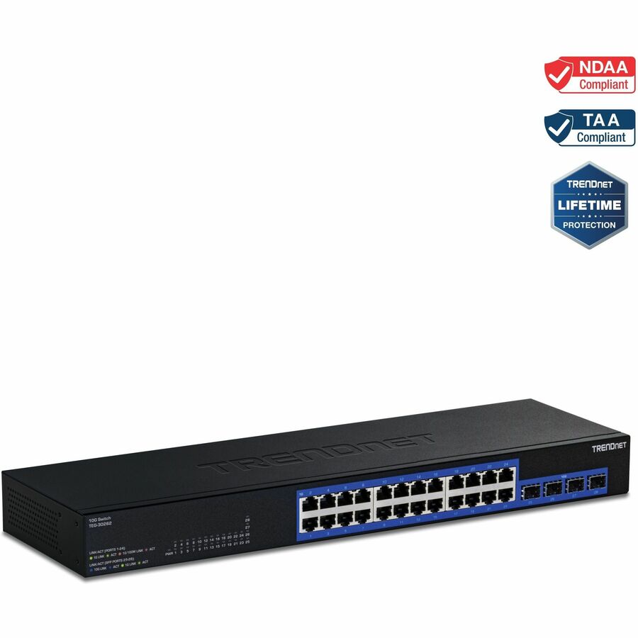 TRENDnet 24-Port Gigabit Switch with 2 X 10G SFP+ Slots; Fanless Design; 19 1U Rack mountable; TEG-30262