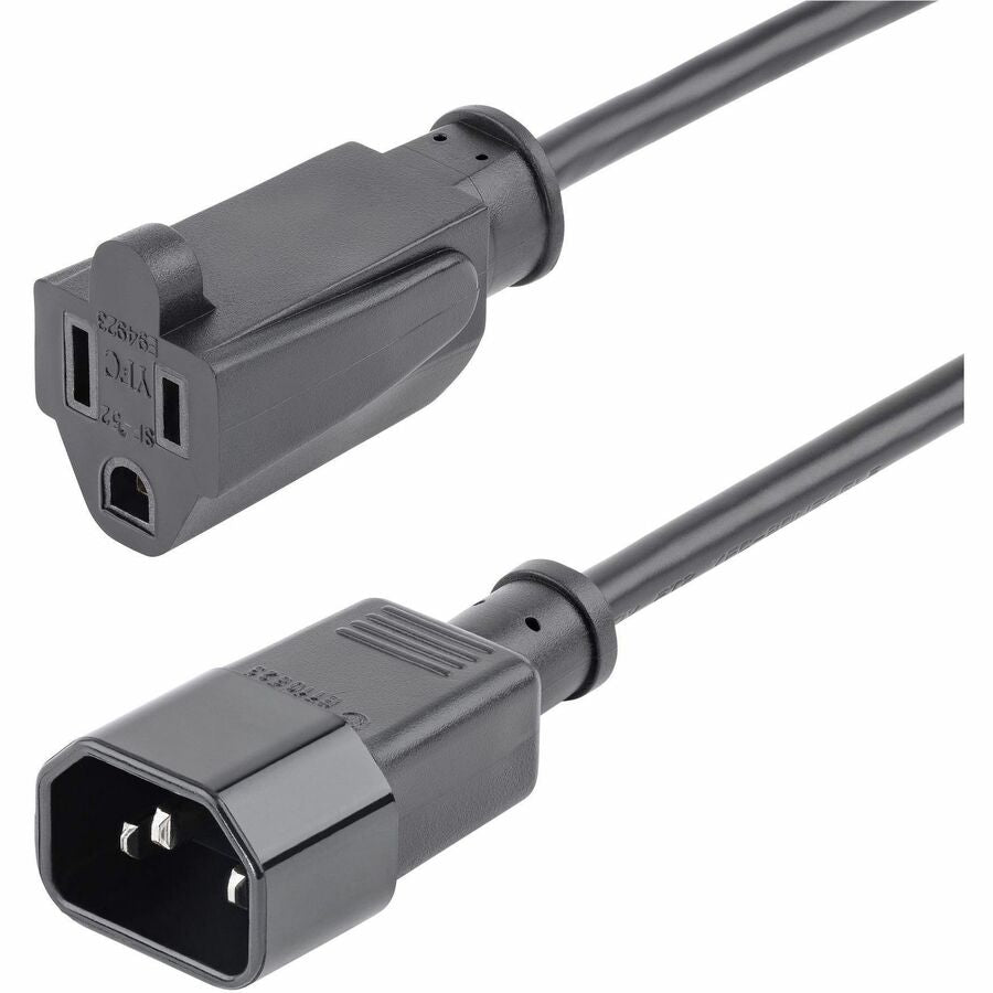 StarTech 1ft (0.3m) Power Extension Cord, IEC C14 to NEMA 5-15R, 10A 125V, 18AWG, Black, Outlet Extension Cable for Network Equipment
