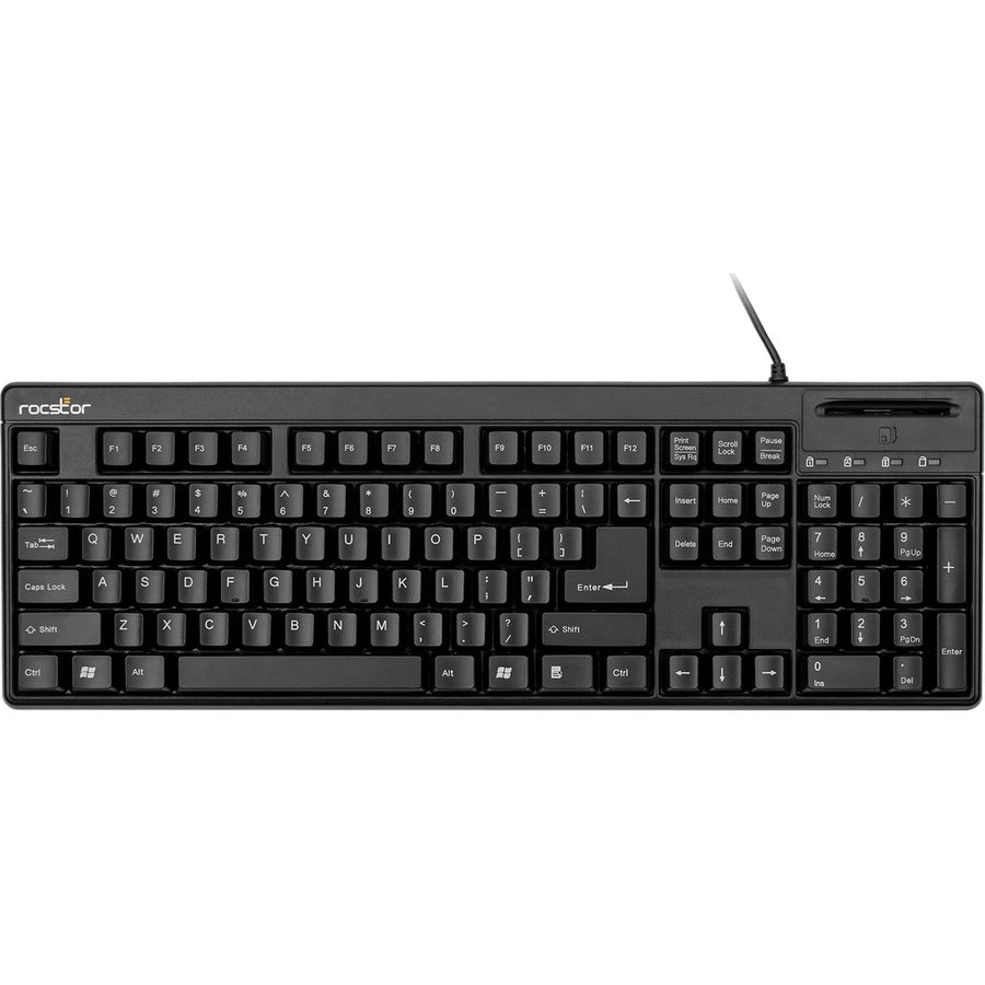 Rocstor KS20T Security USB Keyboard with Built-in Smartcard Reader - 104 Key - Common Access Card CAC Compatible - PIV Compatible - Smart Card Reader FIPS-201 Compliant - CCID Complaint - Supports ISO-7816 Class A - B and C - USB Interface - English (US)