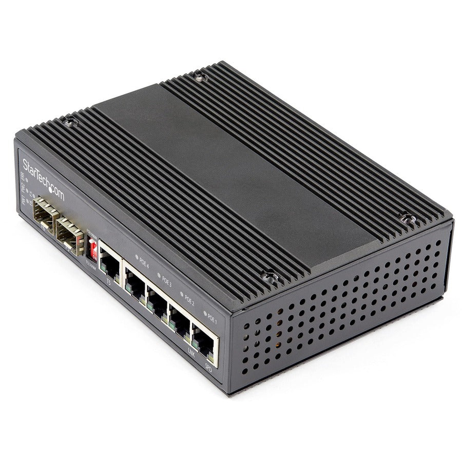 StarTech Industrial 6 Port Gigabit Ethernet Switch, 4 PoE RJ45 +2 SFP Slots 30W 802.3at PoE+ 12-48VDC 10/100/1000 Mbps -40 to 75C, TAA