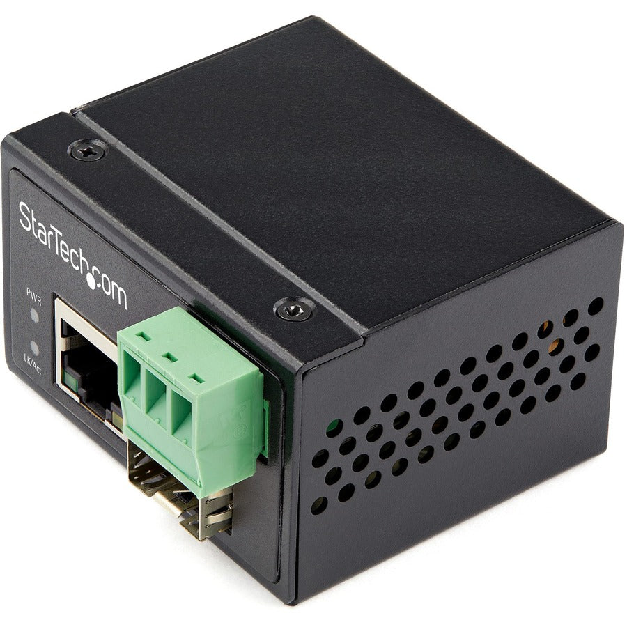 StarTech Industrial Fiber to Ethernet Media Converter, 100Mbps SFP to RJ45/CAT6 SM/MM, Fiber to Copper Network, IP-30 12V Input, TAA
