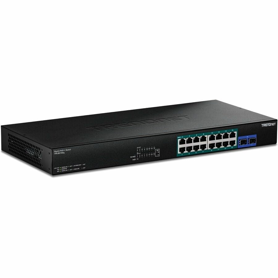 TRENDnet TPE-BG182g, 18-Port Gigabit 4PPoE Switch with 8 x 95W Gigabit 4PPoE ports, 8 x 30W Gigabit PoE+ Ports, 2 Gigabit SFP Slots,470W PoE Budget, 1U 19˘ Rack Mountable