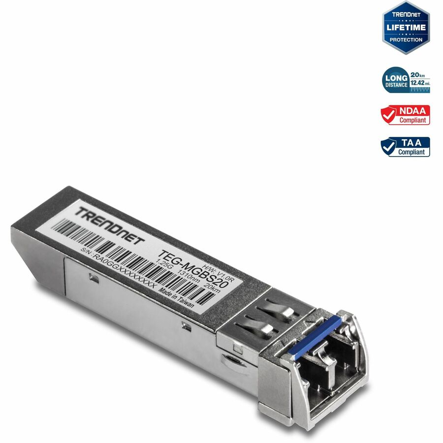 TRENDnet SFP Single Mode LC Module (20km/ 12.4 mi), TEG-MGBS20, Data Rates up to 1.25Gbps, 1310nm Single Mode, IEEE 802.3z Gigabit Ethernet, ANSI Fiber Channel Compliant, Lifetime Protection