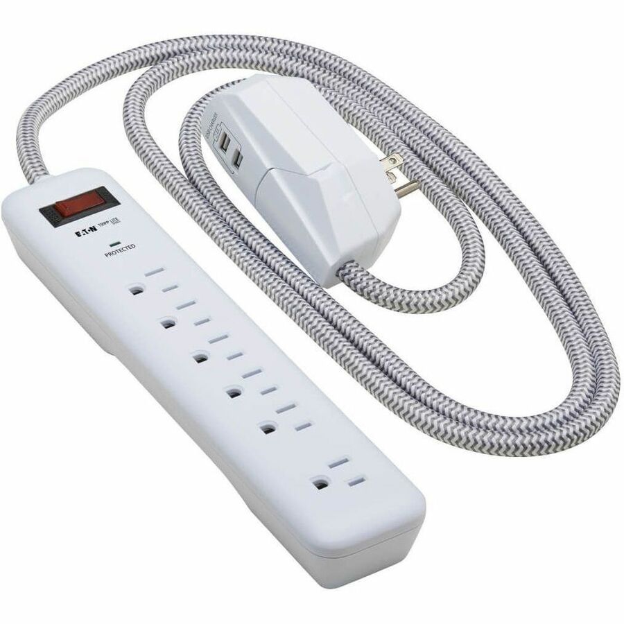 Tripp Lite by Eaton 7-Outlet Surge Protector - 6 on strip/1 in detachable plug 2 USB Ports (2.4A Shared) Detachable Charger Plug 6 ft. Cord 5-15P Plug 900 Joules White