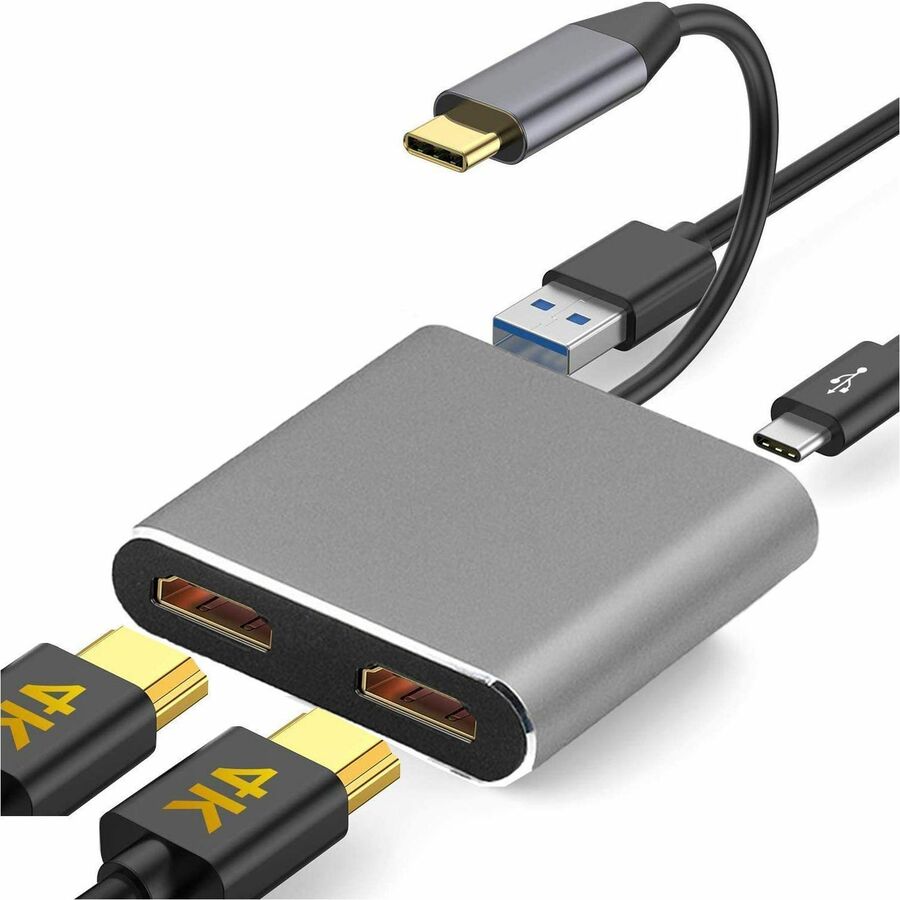 4XEM USB-C Dual HDMI Docking Hub with 4K Support, USB-A Port, 100W PD Pass-Through, Gray