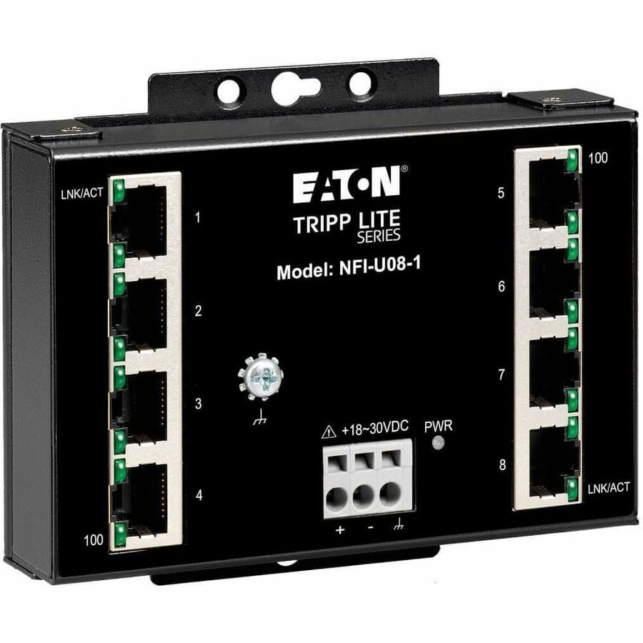 Eaton Tripp Lite Series 8-Port Unmanaged Fast Industrial Ethernet Switch - 10/100 Mbps, Ruggedized, -40° to 75°C, DIN/Wall Mount, TAA