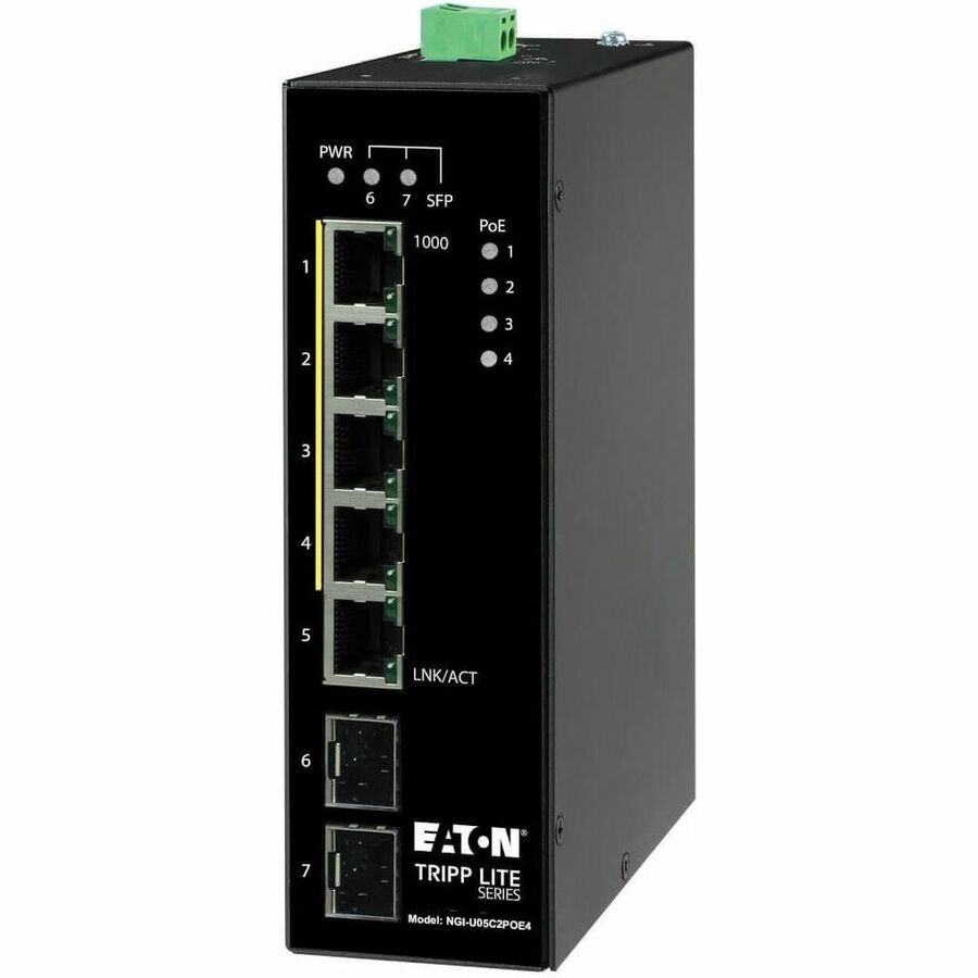 Eaton Tripp Lite Series 5-Port Unmanaged Industrial Gigabit Ethernet Switch - 10/100/1000 Mbps, PoE+ 30W, -10° to 60°C, 2 GbE SFP Slots, DIN Mount, TAA