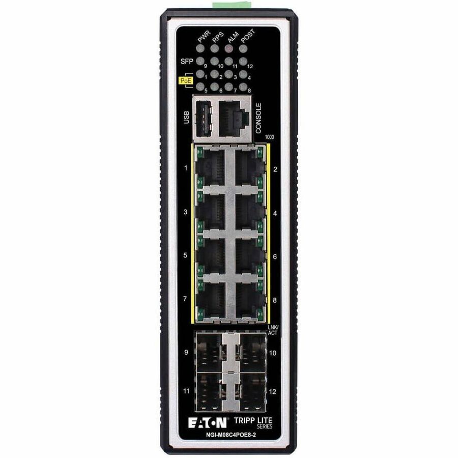 Tripp Lite by Eaton 8-Port Managed Industrial Gigabit Ethernet Switch - Layer 2, 1 Gbps, PoE+ 30W, 4 GbE SFP Ports, -40° to 75°C, DIN Mount