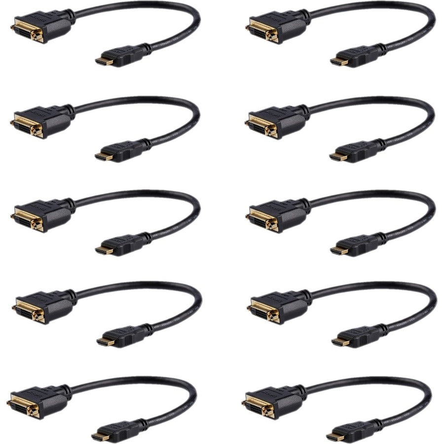 StarTech 8in (20cm) HDMI to DVI Adapter, DVI-D to HDMI (1920x1200p), 10 Pack, HDMI Male to DVI-D Female Cable, HDMI to DVI Cord, Black