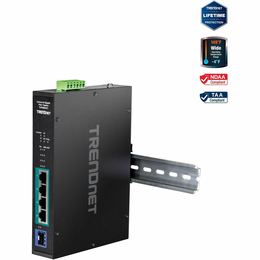 TRENDnet 5-Port Industrial Gigabit PoE+ Switch, Wide Temperature Range -20° - 65°C (-4° - 149°F), DIN-Rail Switch, 50-55V DC, 4 x Gigabit PoE+ Ports, 1 x Gigabit SFP Slot, TI-PGM541, Black