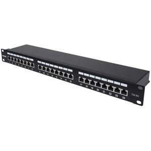 Patch Panel, Cat6a, FTP, 24-Port, 1U, Shielded, 90° Top-Entry Punch Down Blocks, Black