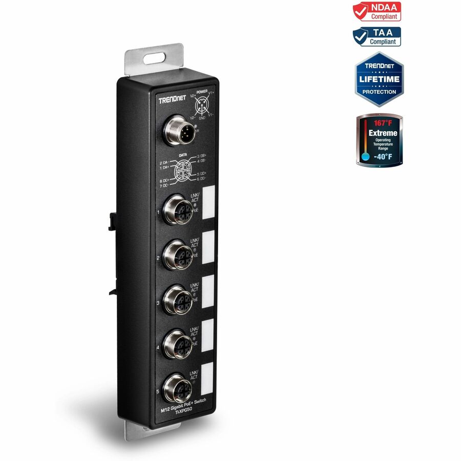TRENDnet 5-Port Industrial EN50155 M12 Gigabit PoE+ Railway Switch