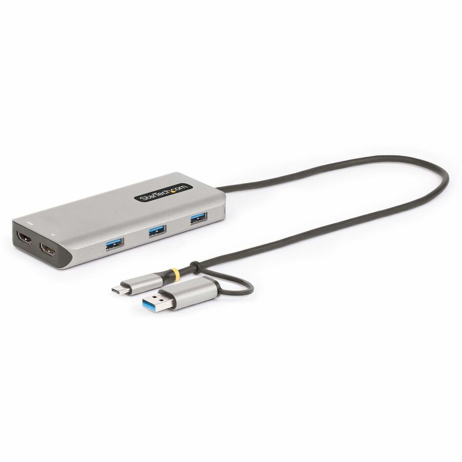 StarTech USB-C Multiport Adapter w/Attached USB-C to USB-A Dongle, Dual HDMI 4K/1080, 3x USB, Mini Laptop Docking Station, Travel Dock