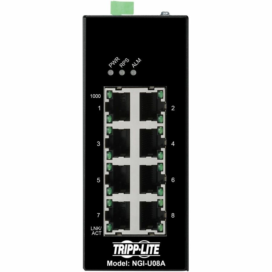 Eaton Tripp Lite Series 8-Port Unmanaged Industrial Gigabit Ethernet Switch - 10/100/1000 Mbps, Ruggedized, -40° to 75°C, EIP QoS, DIN Mount, TAA