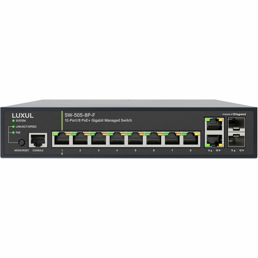 Luxul 1Gb L2/L3 Managed Switch - 8 PoE+, 2 RJ45, 2 SFP Front-Facing Ports - TAA Compliant
