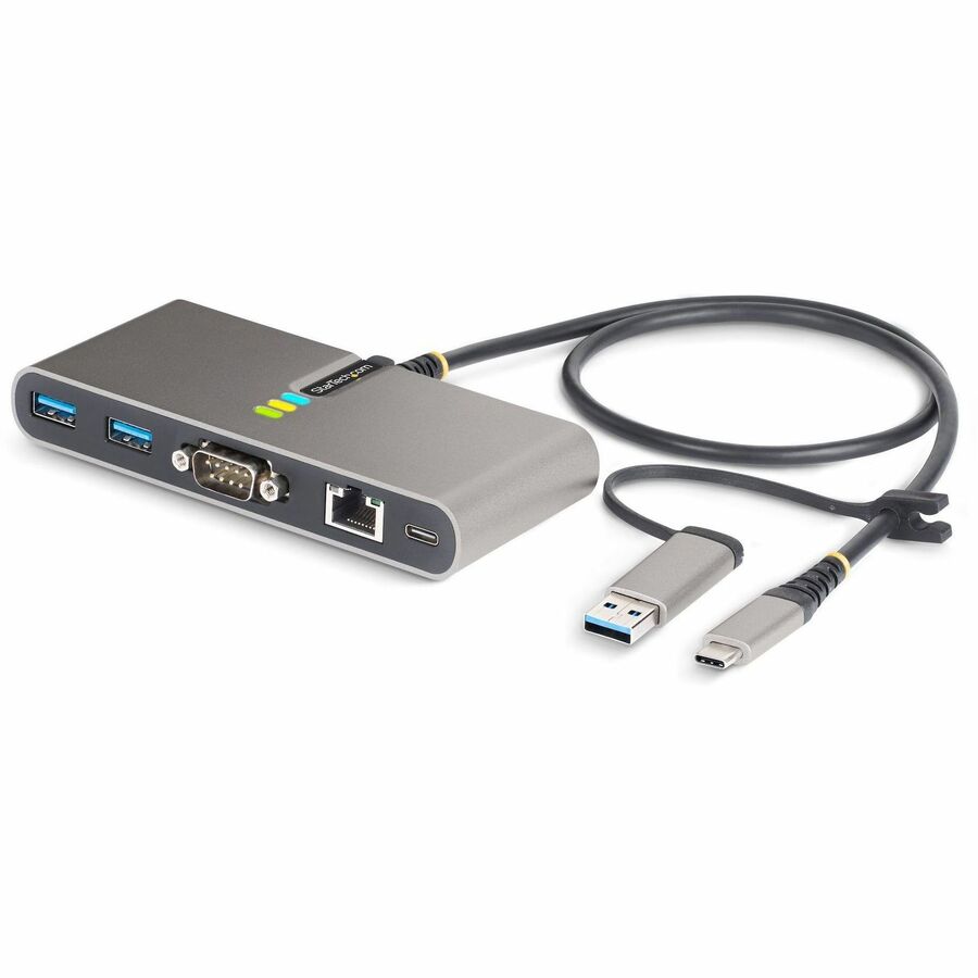 StarTech 2-Port USB-C Hub with Gb Ethernet and RS232 FTDI Serial, Attached USB-C to USB-A Dongle, 100W PD Pass-Through, 2x USB-A 5Gbps