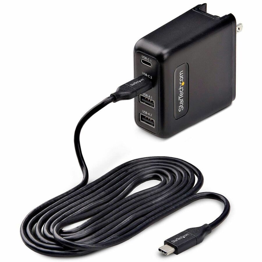 StarTech 100W USB-C Wall Charger, 2x USB-C, 2x USB-A, Quick Charging Portable GaN Power Adapter, PD 3.0, 6ft/1.8m USB-C to USB-C Cable