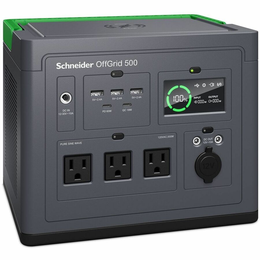 Schneider Electric Schneider OffGrid Portable Power Station 500, 120V, 517Wh Lithium-ion, LCD, 3 NEMA, Sinewave, 3 USB-A, 2 USB-C, Wireless Charger