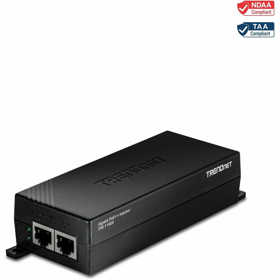 TRENDnet Gigabit PoE++ Injector, TPE-116GI, Supplies PoE (15.4W), PoE+ (30W), or PoE++ (60W), Network A PoE Device Up to 100m(328 ft), NDAA & TAA Compliant, Plug & Play, Black