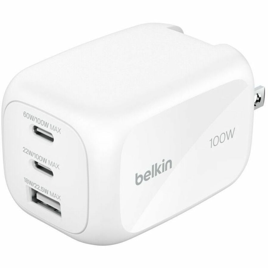Belkin 100W GaN 3-Port USB Wall Charger - 1xUSB-A, 2xUSB-C - Foldable Prongs - Power Adapter - White