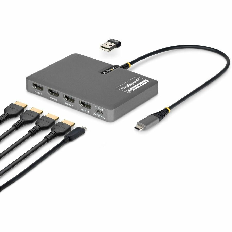 StarTech USB-C to Quad-Monitor Workstation Adapter, 4K 60Hz HDMI, 140W PD Passthrough for Laptop Charging, 1x USB 2.0 Port, TAA