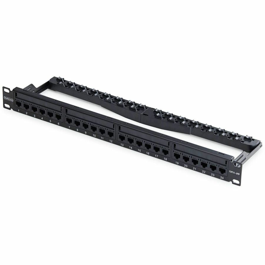 StarTech 24 Port 1U Feed Through Patch Panel with Cable Management Bar, Rackmount Cat6 Ethernet Patch Panel with RJ45 Inline Couplers