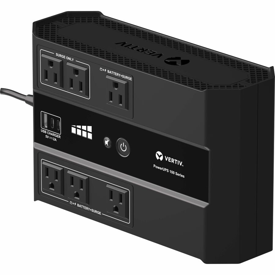 Vertiv PowerUPS 100 Standby VRLA UPS PST6-500LVMT, 500VA/305W, 120V, USB Charging, User-Replaceable Battery, 6 Outlets, Three-Year Warranty