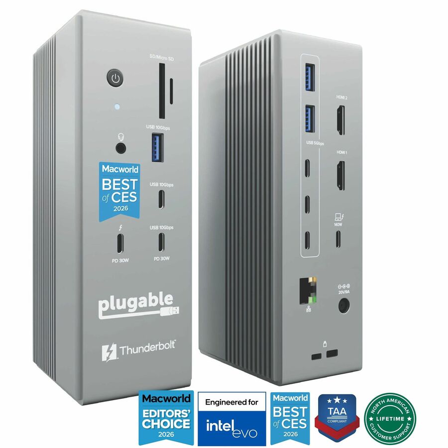 Plugable Thunderbolt 5 Dock: 16-in-1, Dual HDMI 2.1 Up to 8K 60Hz / 4K 144Hz, 140W Laptop Charging, 2.5GbE, Fanless