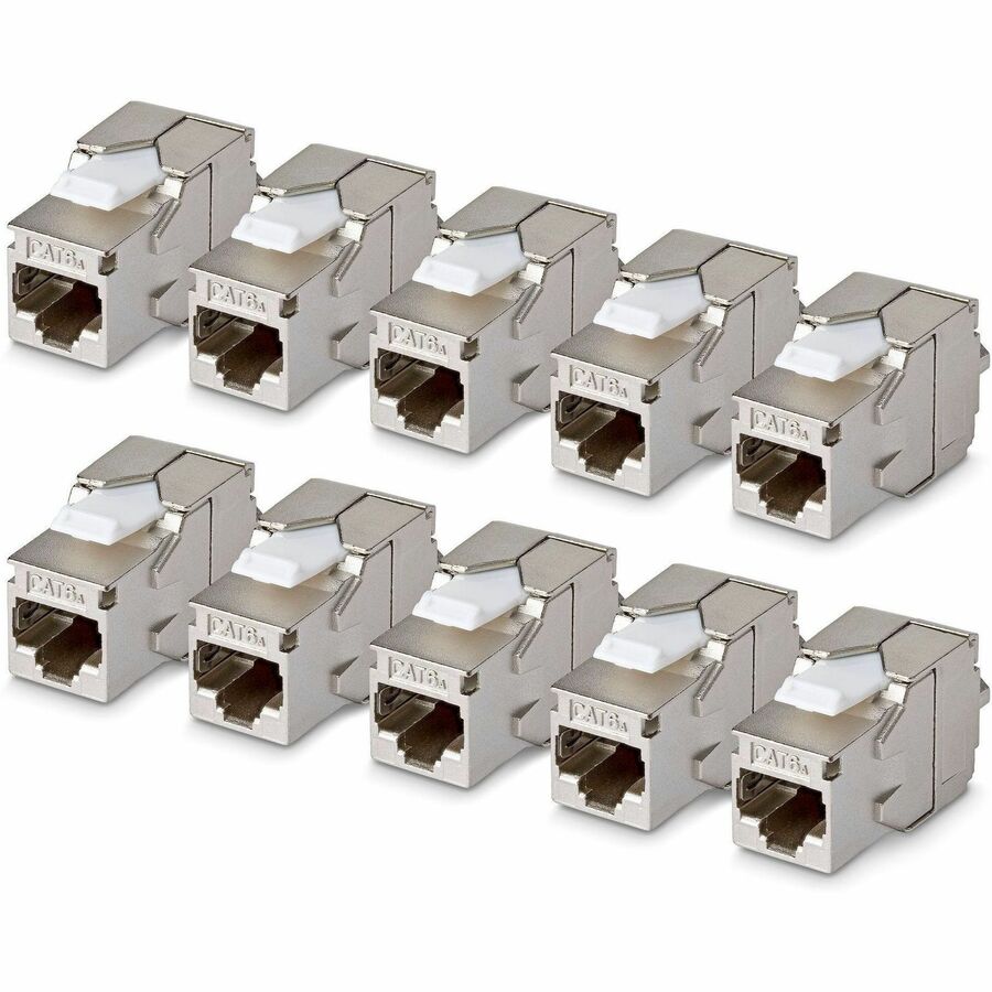StarTech Shielded Cat6a Keystone Jack, 10-Pack RJ45 Ethernet Keystone Jacks, STP Cat6a Wall Jack, 180-Degree Toolless