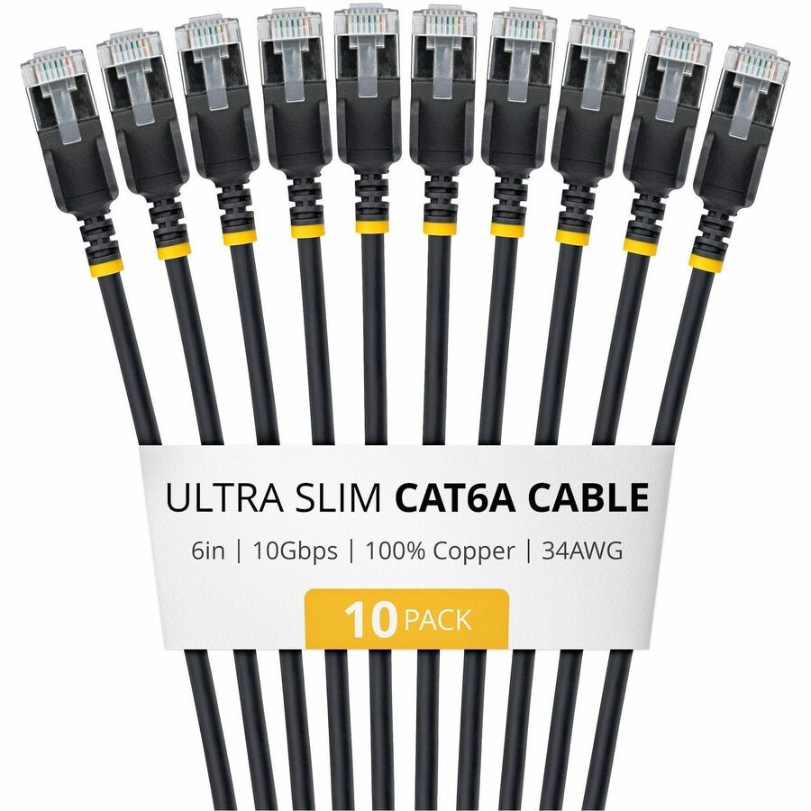 StarTech 6in Black Ultra Slim Cat6A Ethernet Cable, 10 Pack, Snagless, FTP, Bare Copper Wire, 34AWG Ultra Slim RJ45 Patch Cord