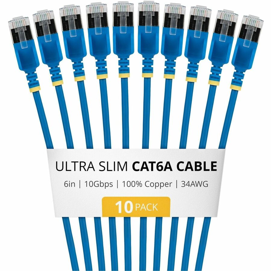 StarTech 6in Blue Ultra Slim Cat6A Ethernet Cable, 10 Pack, Snagless, FTP, Bare Copper Wire, 34AWG Ultra Slim RJ45 Patch Cord