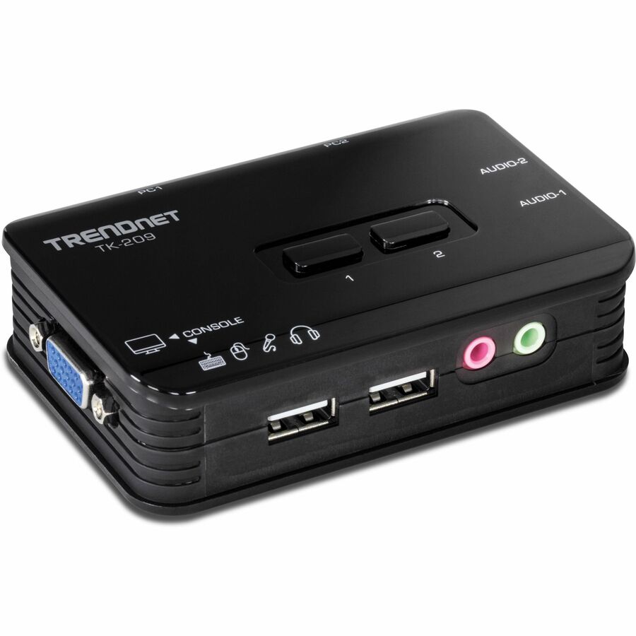 TRENDnet 2-Port USB KVM Switch Kit with Audio, TK-209K, Control Up to 2 Computers, Windows, Linux, Mac OS Compliant, 2048 x 1536 VGA Resolution, NDAA & TAA Compliant, KVM Cables Included, Black
