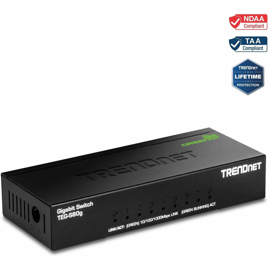 TRENDnet 8-Port Mini Gigabit Switch, TEG-S80g, GREENnet Technology, NDAA + TAA Compliant, Desktop Metal Ethernet Network Switch, 8 x Gigabit Ports, Fanless, Lifetime Protection, Black