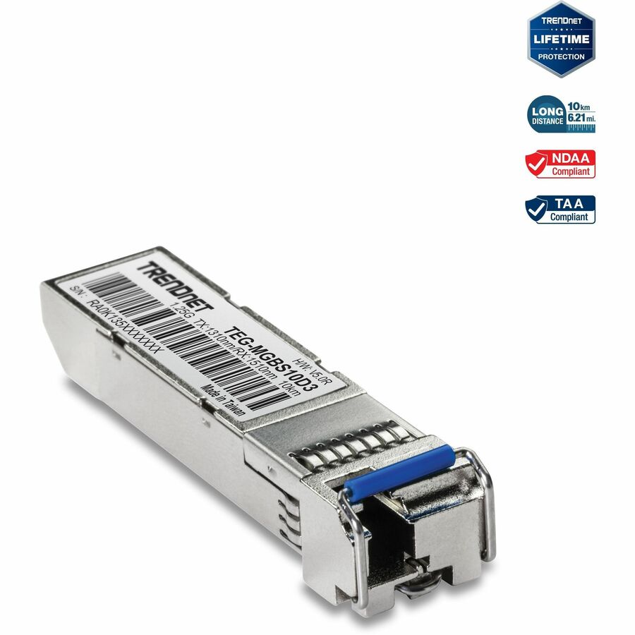 TRENDnet SFP to RJ45 Dual Wavelength Single-Mode LC Module; TEG-MGBS10D3; Must Pair with TEG-MGBS10D5 or a Compatible Module; Up to 10 km (6.2 Miles); Compatible with Standard SFP; Lifetime Protection