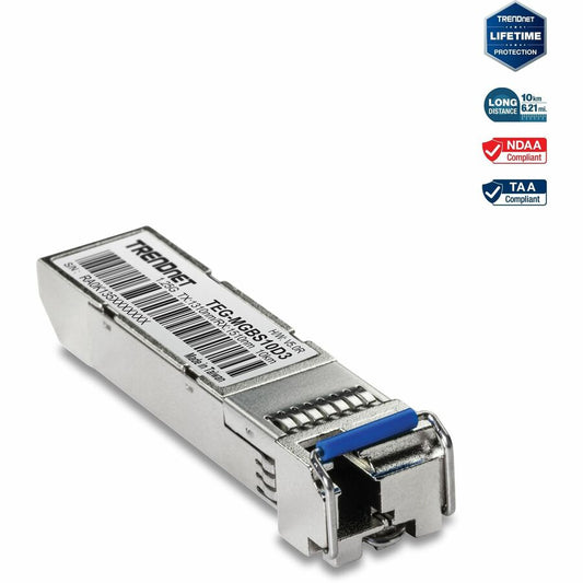 TRENDnet SFP to RJ45 Dual Wavelength Single-Mode LC Module; TEG-MGBS10D3; Must Pair with TEG-MGBS10D5 or a Compatible Module; Up to 10 km (6.2 Miles); Compatible with Standard SFP; Lifetime Protection