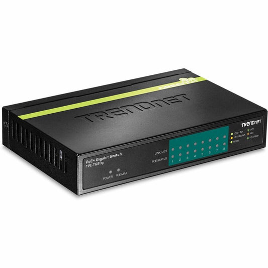 TRENDnet 8-Port Gigabit PoE+ Switch, TPE-TG80G, 8 x Gigabit PoE+ Ports, 123W PoE Power Budget, 16 Gbps, Ethernet Splitter, NDAA & TAA Compliant, Metal, Lifetime Protection, Black