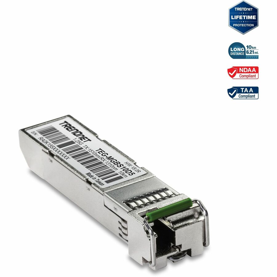 TRENDnet SFP to RJ45 Dual Wavelength Single-Mode LC Module; TEG-MGBS10D5; Must Pair with TEG-MGBS10D3 or a Compatible Module; Up to 10 km (6.2 Miles); Compatible with Standard SFP; Lifetime Protection