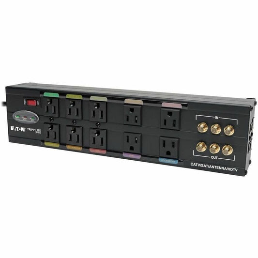 Eaton Tripp Lite Series Isobar 10-Outlet Home/Business Theater Surge Protector, 8 ft. Cord with Right-Angle Plug, 3840 Joules, LEDs, Metal Housing