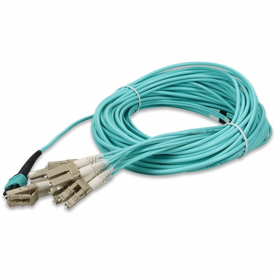 AddOn 15m MPO/UPC to 6xLC/UPC Duplex Aqua OM3 OFNR (Riser-Rated) 12-Strand Fiber Fanout Cable, MMF (Multi Mode), 50/125