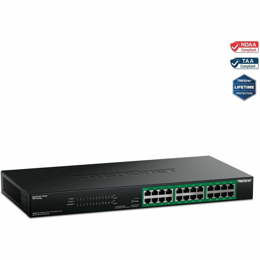 TRENDnet 24-Port Gigabit PoE+ Switch, 24 x Gigabit PoE+ Ports, 370W Power Budget, 48Gbps Switch Capacity, RackMount Kit Included, Ethernet Network Switch, Metal, Lifetime Protection, Black, TPE-TG240G